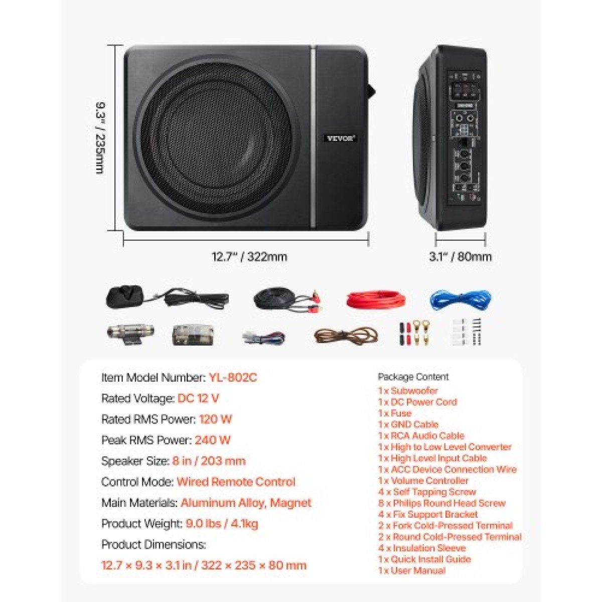 Υπογούφερ αυτοκινήτου VEVOR 8" 240 W, Λεπτά υπογούφερ αυτοκινήτου κάτω από το κάθισμα, Ενσωματωμένος δευτερεύων ενισχυτής ήχου χαμηλού προφίλ, είσοδος υψηλού/χαμηλού επιπέδου και ελεγκτής έντασης ήχου για SUV, αυτοκίνητο, φορτηγό, RV