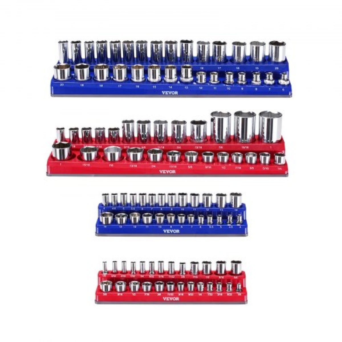VEVOR Magnetic Socket Organizer Set, 4PCS Magnetic Socket Holder, Metric Socket Trays SAE 1/4'' & 3/8'' με ευκρινείς ετικέτες, κράτημα έως 108PCS Standard & Deep Socket, Blue & Red (Δεν περιλαμβάνονται οι πρίζες)