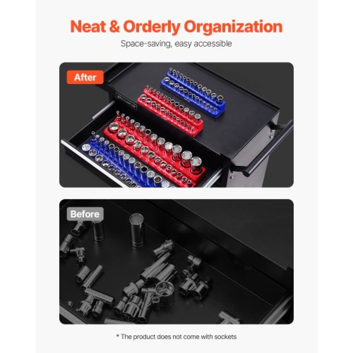 VEVOR Magnetic Socket Organizer Set, 4PCS Magnetic Socket Holder, Metric Socket Trays SAE 1/4'' & 3/8'' με ευκρινείς ετικέτες, κράτημα έως 108PCS Standard & Deep Socket, Blue & Red (Δεν περιλαμβάνονται οι πρίζες)