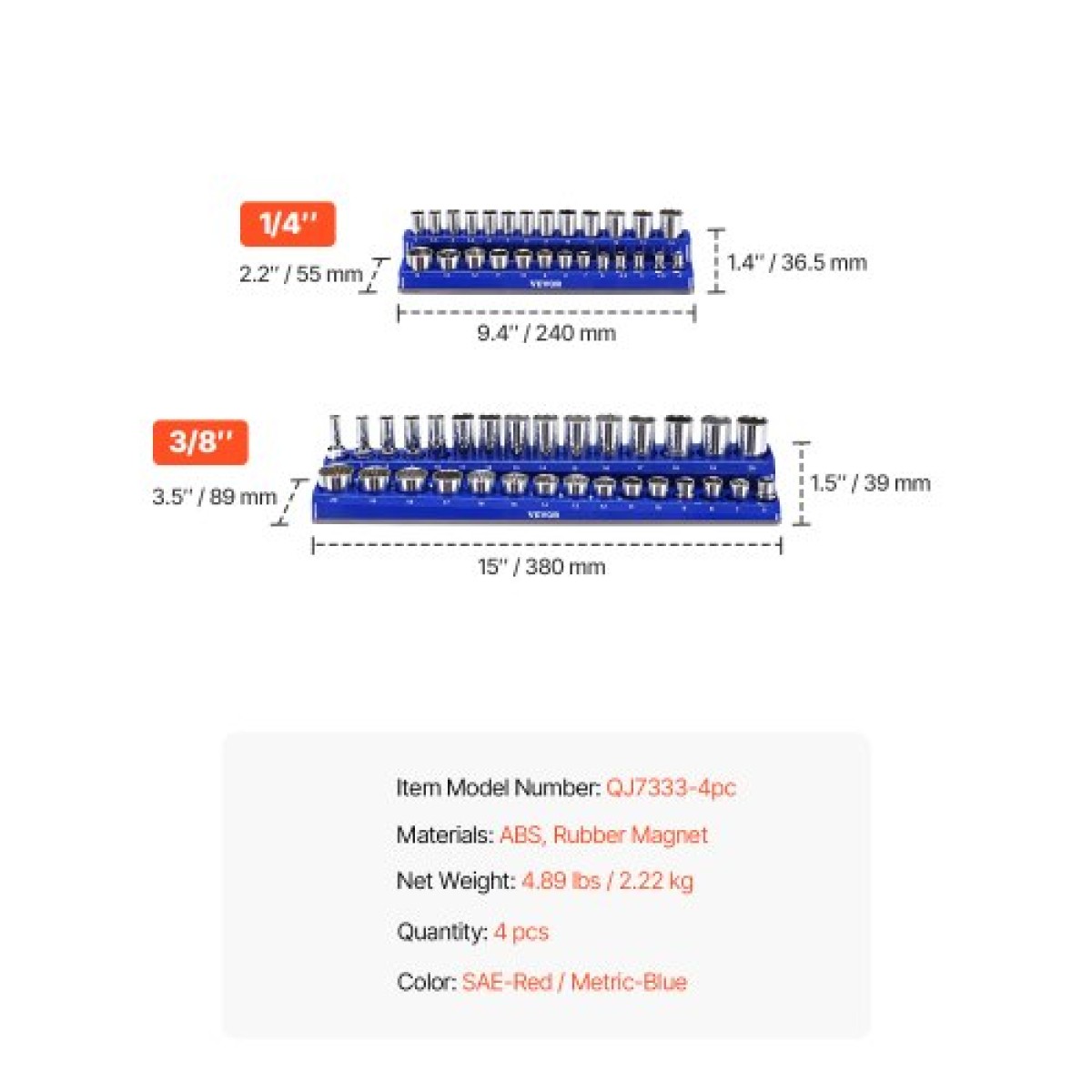 VEVOR Magnetic Socket Organizer Set, 4PCS Magnetic Socket Holder, Metric Socket Trays SAE 1/4'' & 3/8'' με ευκρινείς ετικέτες, κράτημα έως 108PCS Standard & Deep Socket, Blue & Red (Δεν περιλαμβάνονται οι πρίζες)