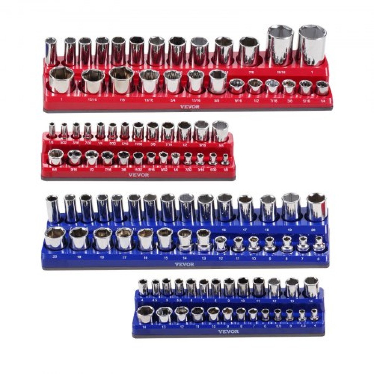 VEVOR Magnetic Socket Organizer Set, 4PCS Magnetic Socket Holder, Metric Socket Trays SAE 1/4'' & 3/8'' με ευκρινείς ετικέτες, κράτημα έως 108PCS Standard & Deep Socket, Blue & Red (Δεν περιλαμβάνονται οι πρίζες)