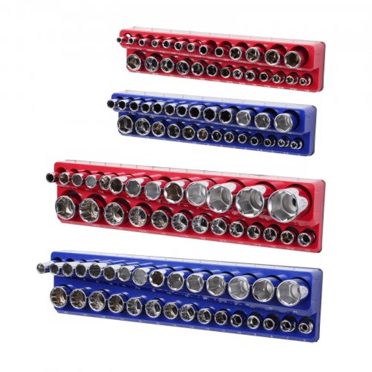 VEVOR Magnetic Socket Organizer Set, 4PCS Magnetic Socket Holder, Metric Socket Trays SAE 1/4'' & 3/8'' με ευκρινείς ετικέτες, κράτημα έως 108PCS Standard & Deep Socket, Blue & Red (Δεν περιλαμβάνονται οι πρίζες)