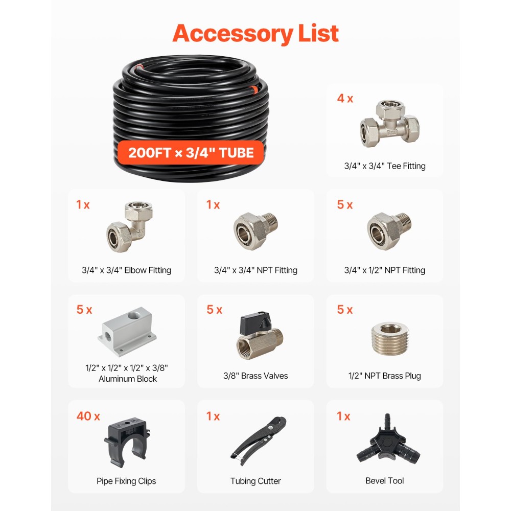 VEVOR Air Compressor Line Kit, 200FT x 3/4", Σύστημα σωληνώσεων πεπιεσμένου αέρα HDPE-αλουμινίου, στεγανό & εύκολο στην εγκατάσταση, κιτ σωλήνων γραμμής συμπιεσμένου αέρα για συνεργεία συνεργείων, μαύρο