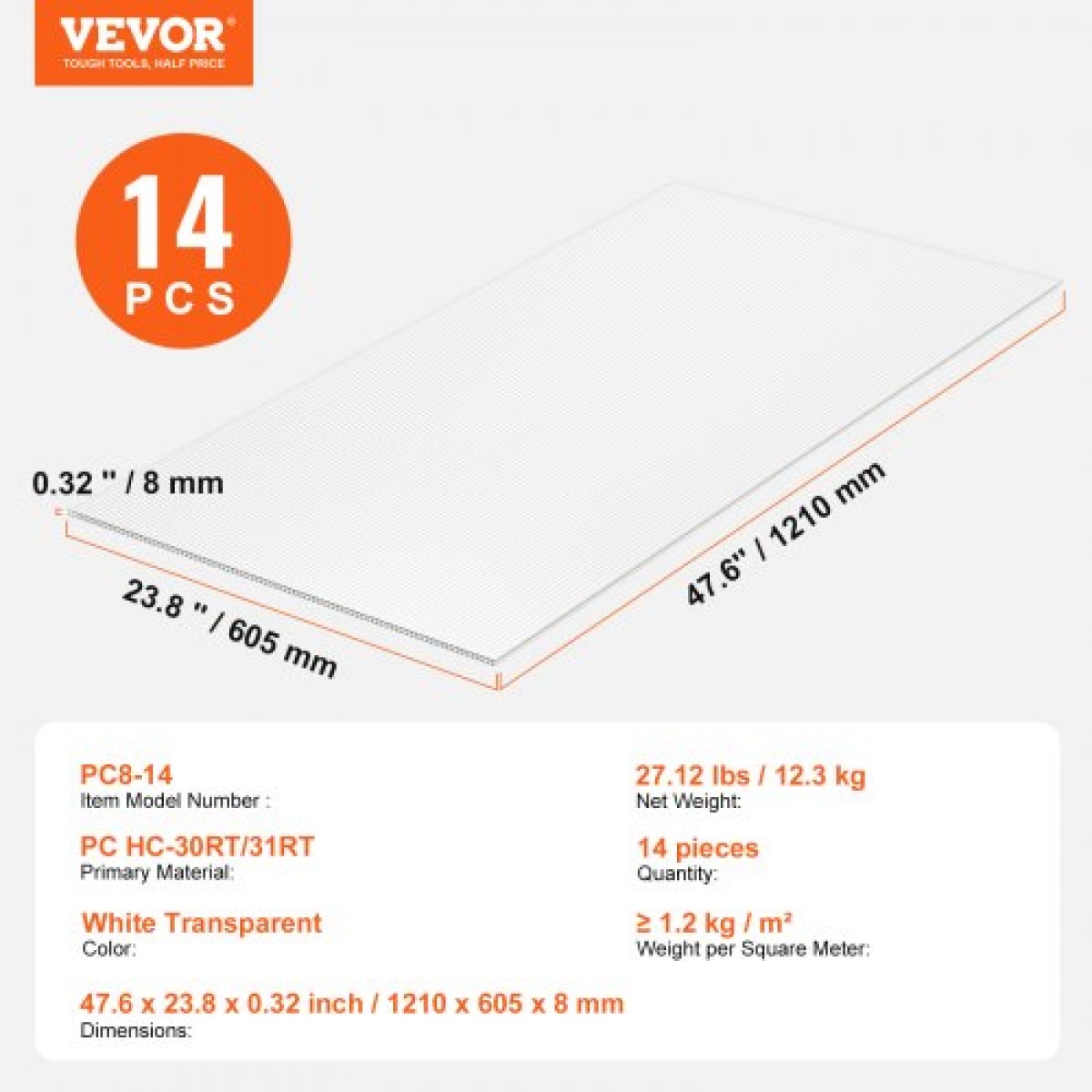 VEVOR 14 Pack Πολυανθρακικά Πάνελ Θερμοκηπίου, 2' X 4' X 0,32'' Φύλλα πάνελ οροφής, Αδιάβροχη προστατευμένη από υπεριώδη ακτινοβολία κυματοειδές πλαστική στέγη, διαφανή φύλλα στέγης για θερμοκήπιο/κήπο με αντοχή στην κρούση