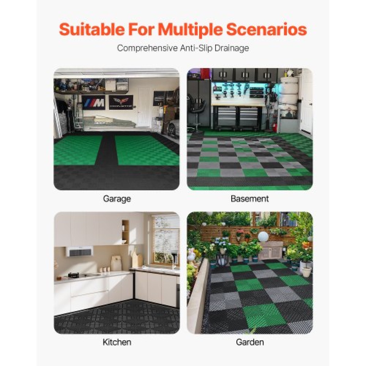 VEVOR Interlocking Drinage Mat, 12" x 12" Modular Interlocking Cushion, 12 Pcs Spicing Drinage Mats, Αντιολισθητικό Μαύρο PP Πλακάκι δαπέδου αποστράγγισης και Χαλάκι ντους, για γκαράζ, κήπο, κουζίνα και εξωτερικό χώρο