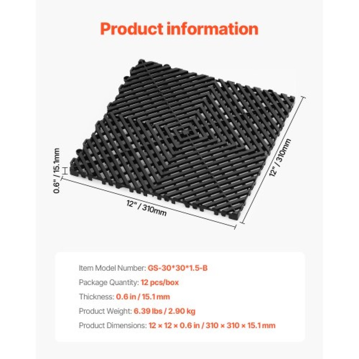 VEVOR Interlocking Drinage Mat, 12" x 12" Modular Interlocking Cushion, 12 Pcs Spicing Drinage Mats, Αντιολισθητικό Μαύρο PP Πλακάκι δαπέδου αποστράγγισης και Χαλάκι ντους, για γκαράζ, κήπο, κουζίνα και εξωτερικό χώρο