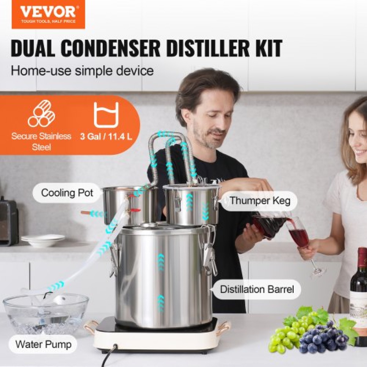 VEVOR Alcohol Still, 3 Gal / 11,4 L από ανοξείδωτο χάλυβα Νερού Οινοπνευματοποιός Αποστακτήρα με Χάλκινο Πηνίο για Γρήγορη Ψύξη, Κιτ Απόσταξης Διπλού Συμπυκνωτή με Δευτερεύουσα Απόσταξη, για Μπράντυ Ουίσκι Οίνου, Ασημί