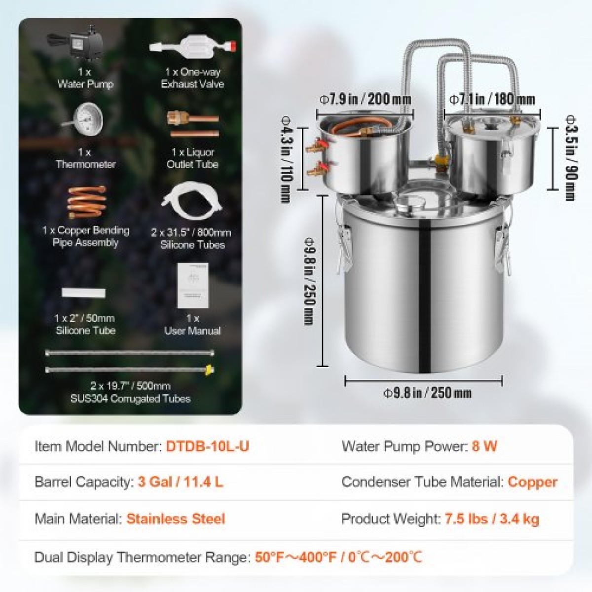 VEVOR Alcohol Still, 3 Gal / 11,4 L από ανοξείδωτο χάλυβα Νερού Οινοπνευματοποιός Αποστακτήρα με Χάλκινο Πηνίο για Γρήγορη Ψύξη, Κιτ Απόσταξης Διπλού Συμπυκνωτή με Δευτερεύουσα Απόσταξη, για Μπράντυ Ουίσκι Οίνου, Ασημί