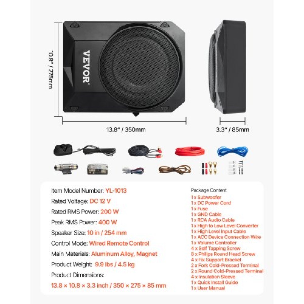 Υπογούφερ αυτοκινήτου VEVOR 10" 400 W, Λεπτά υπογούφερ αυτοκινήτου κάτω από το κάθισμα, Ενσωματωμένος δευτερεύων ενισχυτής ήχου χαμηλού προφίλ, είσοδος υψηλού/χαμηλού επιπέδου και ελεγκτής έντασης ήχου για SUV, αυτοκίνητο, φορτηγό, RV