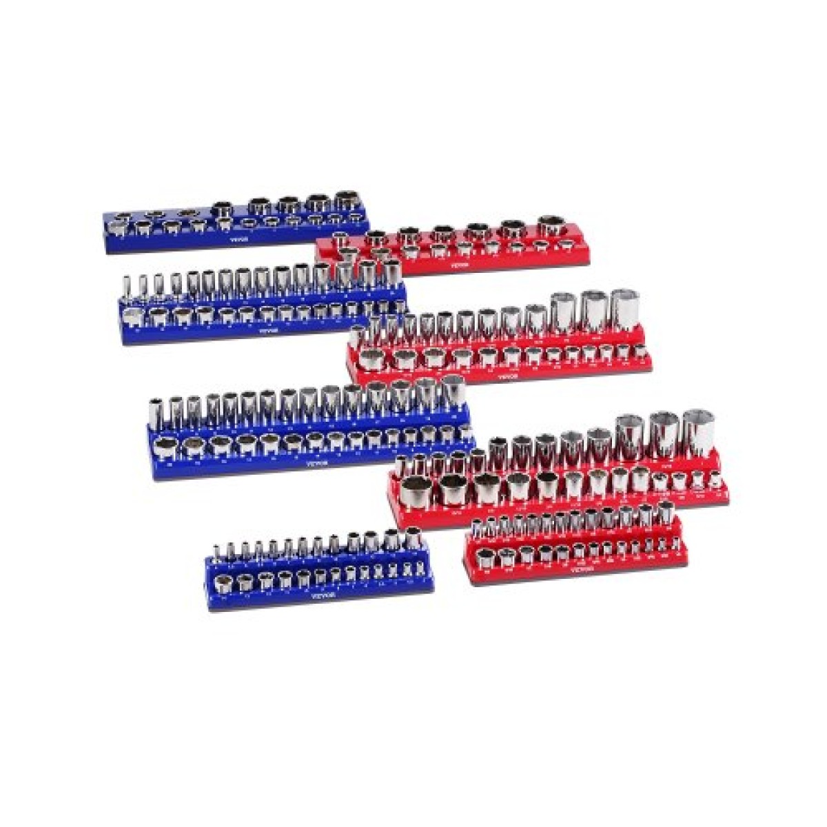VEVOR Magnetic Socket Organizer Set, 8PCS Socket Holder, 1/4'', 3/8'' & 1/2'' Metric Socket Trays SAE with Clear Labels, Hold to 199PCS Standard & Deep Sockets, Blaue & Red (Δεν περιλαμβάνονται οι πρίζες)