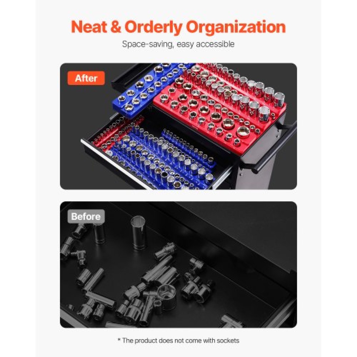 VEVOR Magnetic Socket Organizer Set, 8PCS Socket Holder, 1/4'', 3/8'' & 1/2'' Metric Socket Trays SAE with Clear Labels, Hold to 199PCS Standard & Deep Sockets, Blaue & Red (Δεν περιλαμβάνονται οι πρίζες)
