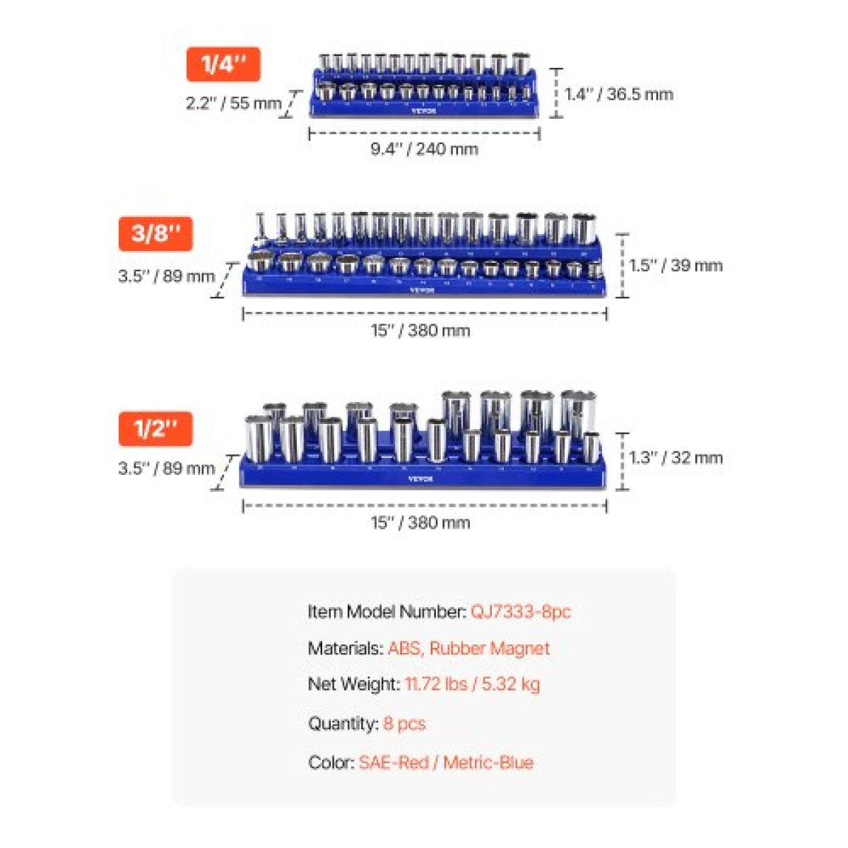VEVOR Magnetic Socket Organizer Set, 8PCS Socket Holder, 1/4'', 3/8'' & 1/2'' Metric Socket Trays SAE with Clear Labels, Hold to 199PCS Standard & Deep Sockets, Blaue & Red (Δεν περιλαμβάνονται οι πρίζες)