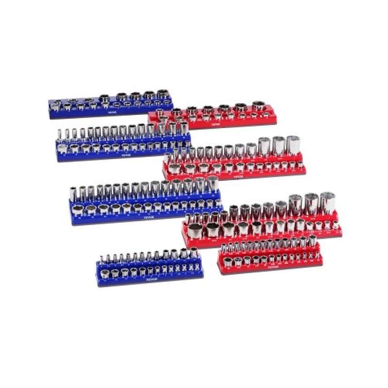 VEVOR Magnetic Socket Organizer Set, 8PCS Socket Holder, 1/4'', 3/8'' & 1/2'' Metric Socket Trays SAE with Clear Labels, Hold to 199PCS Standard & Deep Sockets, Blaue & Red (Δεν περιλαμβάνονται οι πρίζες)