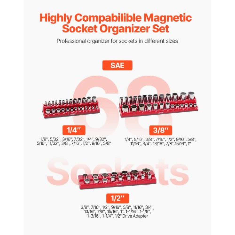 VEVOR Magnetic Socket Organizer Set, 3PCS Magnetic Socket Holder, 1/4'', 3/8'' & 1/2'' SAE Socket Trays with Clear Labels, Hold to 68PCS Standard & Deep Sockets, Red (Δεν περιλαμβάνονται οι πρίζες)