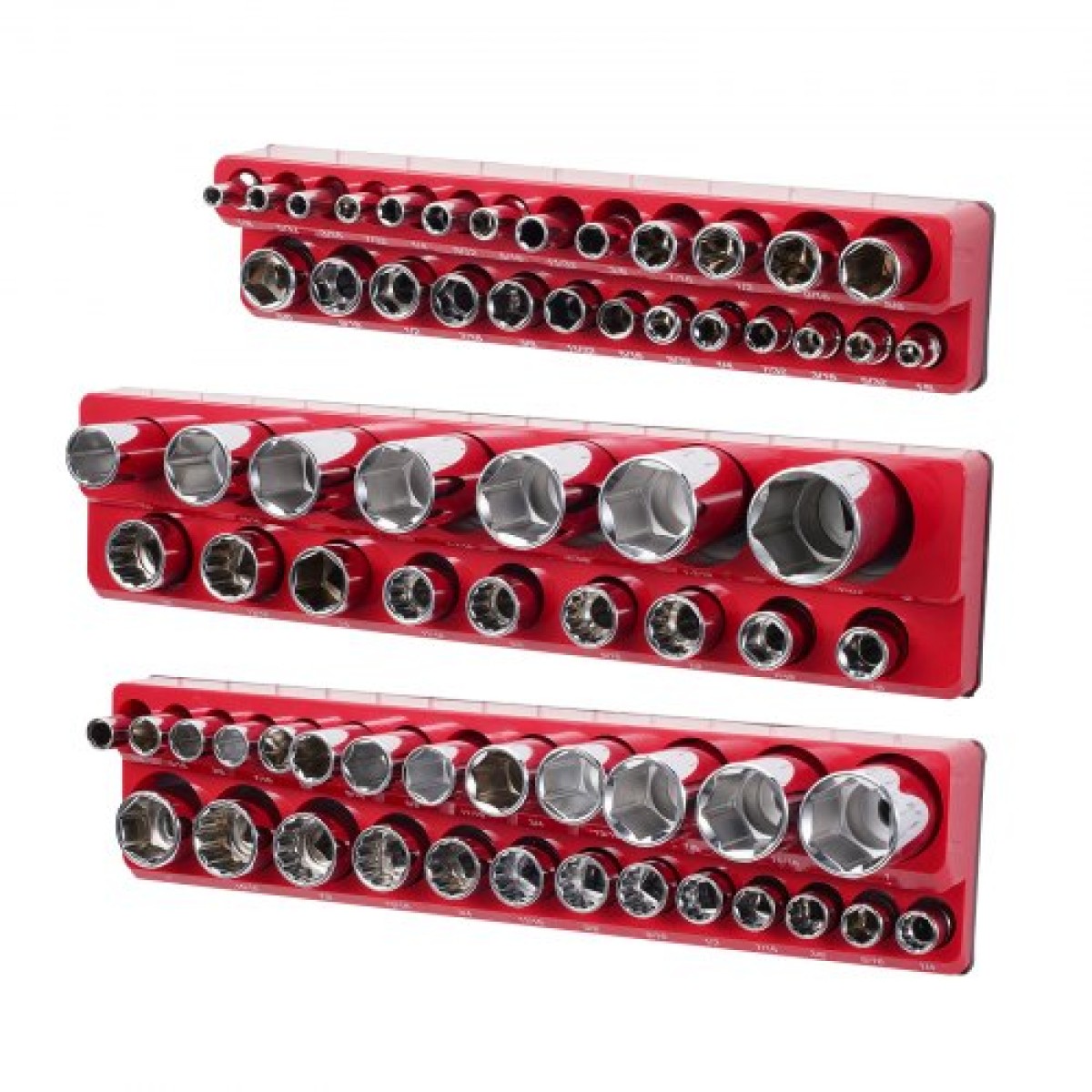 VEVOR Magnetic Socket Organizer Set, 3PCS Magnetic Socket Holder, 1/4'', 3/8'' & 1/2'' SAE Socket Trays with Clear Labels, Hold to 68PCS Standard & Deep Sockets, Red (Δεν περιλαμβάνονται οι πρίζες)