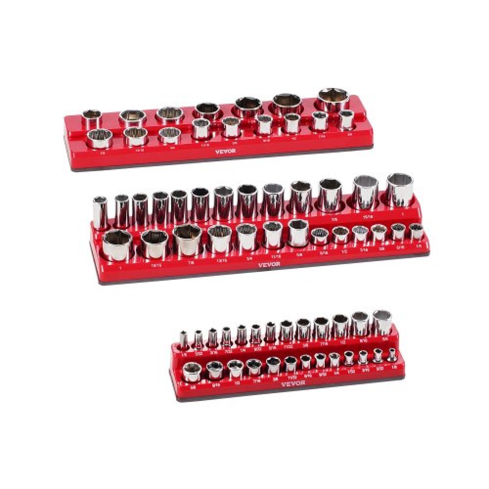 VEVOR Magnetic Socket Organizer Set, 3PCS Magnetic Socket Holder, 1/4'', 3/8'' & 1/2'' SAE Socket Trays with Clear Labels, Hold to 68PCS Standard & Deep Sockets, Red (Δεν περιλαμβάνονται οι πρίζες)