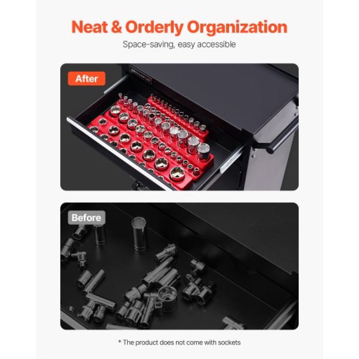 VEVOR Magnetic Socket Organizer Set, 3PCS Magnetic Socket Holder, 1/4'', 3/8'' & 1/2'' SAE Socket Trays with Clear Labels, Hold to 68PCS Standard & Deep Sockets, Red (Δεν περιλαμβάνονται οι πρίζες)