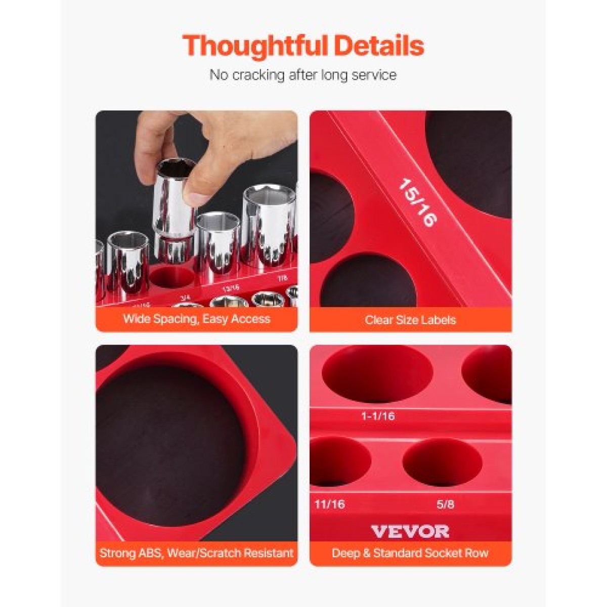 VEVOR Magnetic Socket Organizer Set, 3PCS Magnetic Socket Holder, 1/4'', 3/8'' & 1/2'' SAE Socket Trays with Clear Labels, Hold to 68PCS Standard & Deep Sockets, Red (Δεν περιλαμβάνονται οι πρίζες)