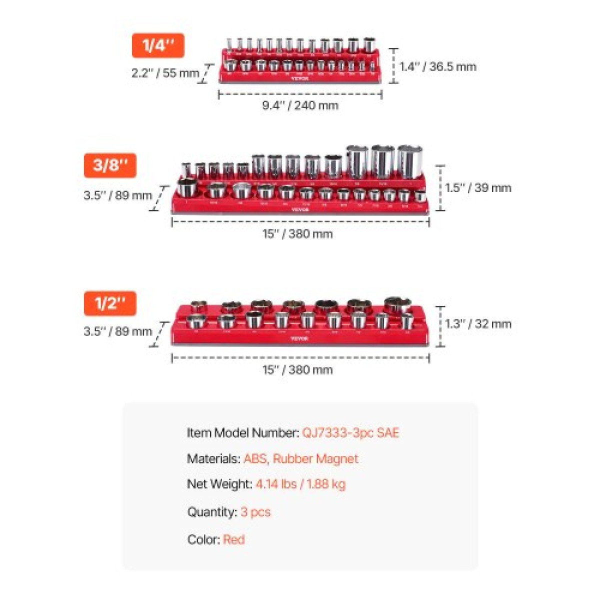 VEVOR Magnetic Socket Organizer Set, 3PCS Magnetic Socket Holder, 1/4'', 3/8'' & 1/2'' SAE Socket Trays with Clear Labels, Hold to 68PCS Standard & Deep Sockets, Red (Δεν περιλαμβάνονται οι πρίζες)