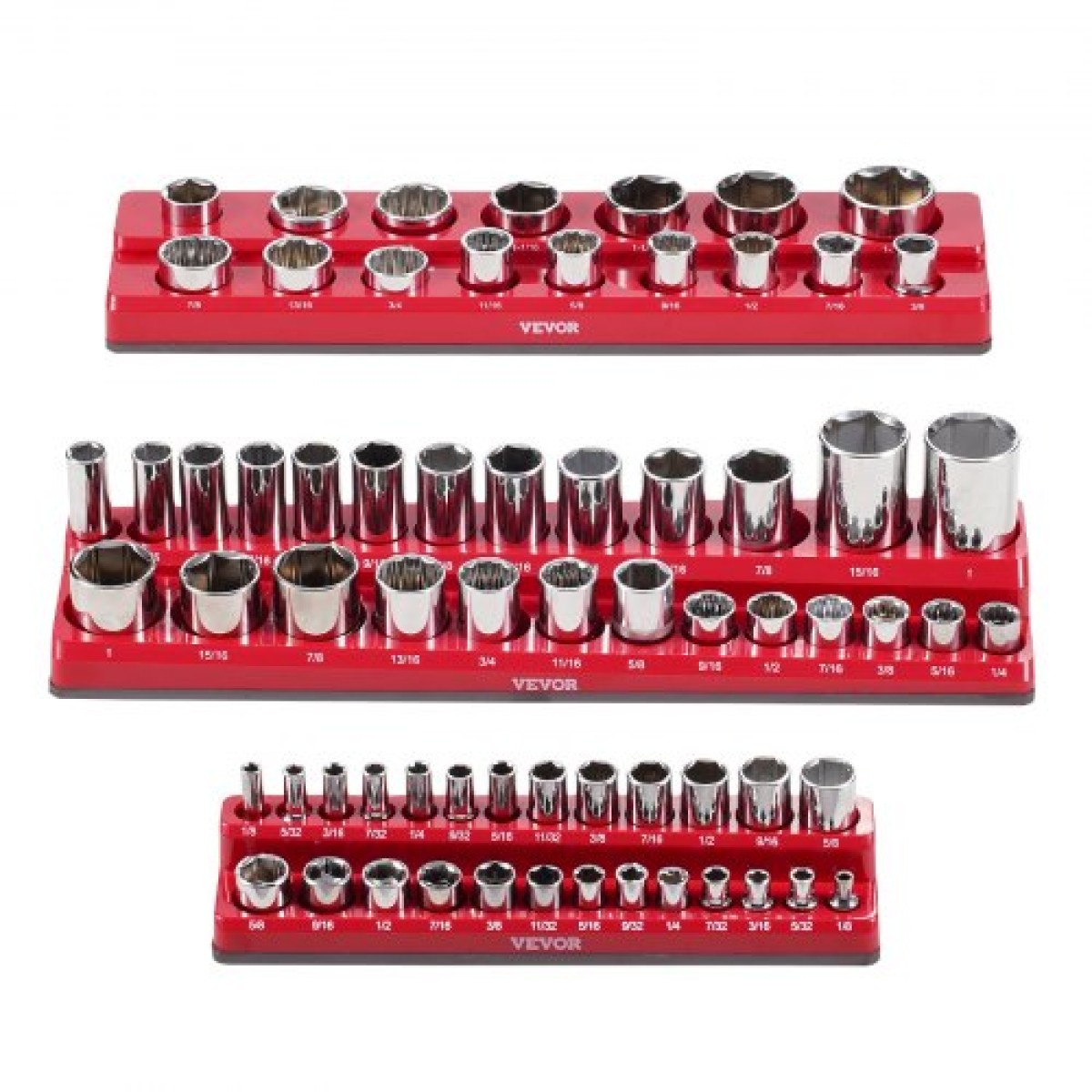 VEVOR Magnetic Socket Organizer Set, 3PCS Magnetic Socket Holder, 1/4'', 3/8'' & 1/2'' SAE Socket Trays with Clear Labels, Hold to 68PCS Standard & Deep Sockets, Red (Δεν περιλαμβάνονται οι πρίζες)