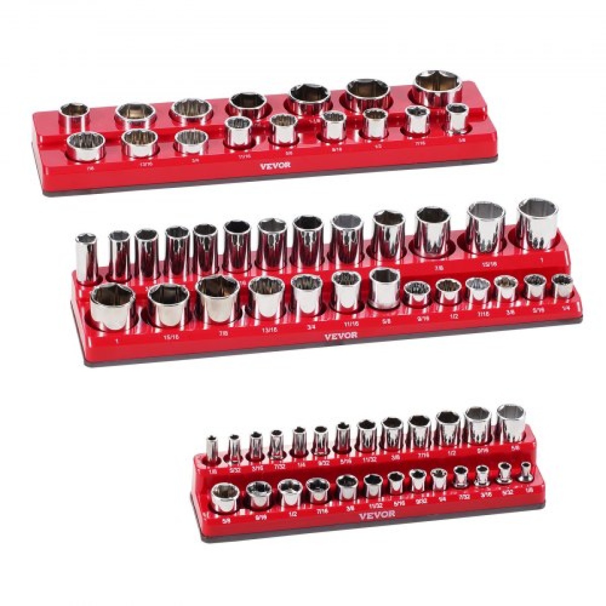 VEVOR Magnetic Socket Organizer Set, 3PCS Magnetic Socket Holder, 1/4'', 3/8'' & 1/2'' SAE Socket Trays with Clear Labels, Hold to 68PCS Standard & Deep Sockets, Red (Δεν περιλαμβάνονται οι πρίζες)