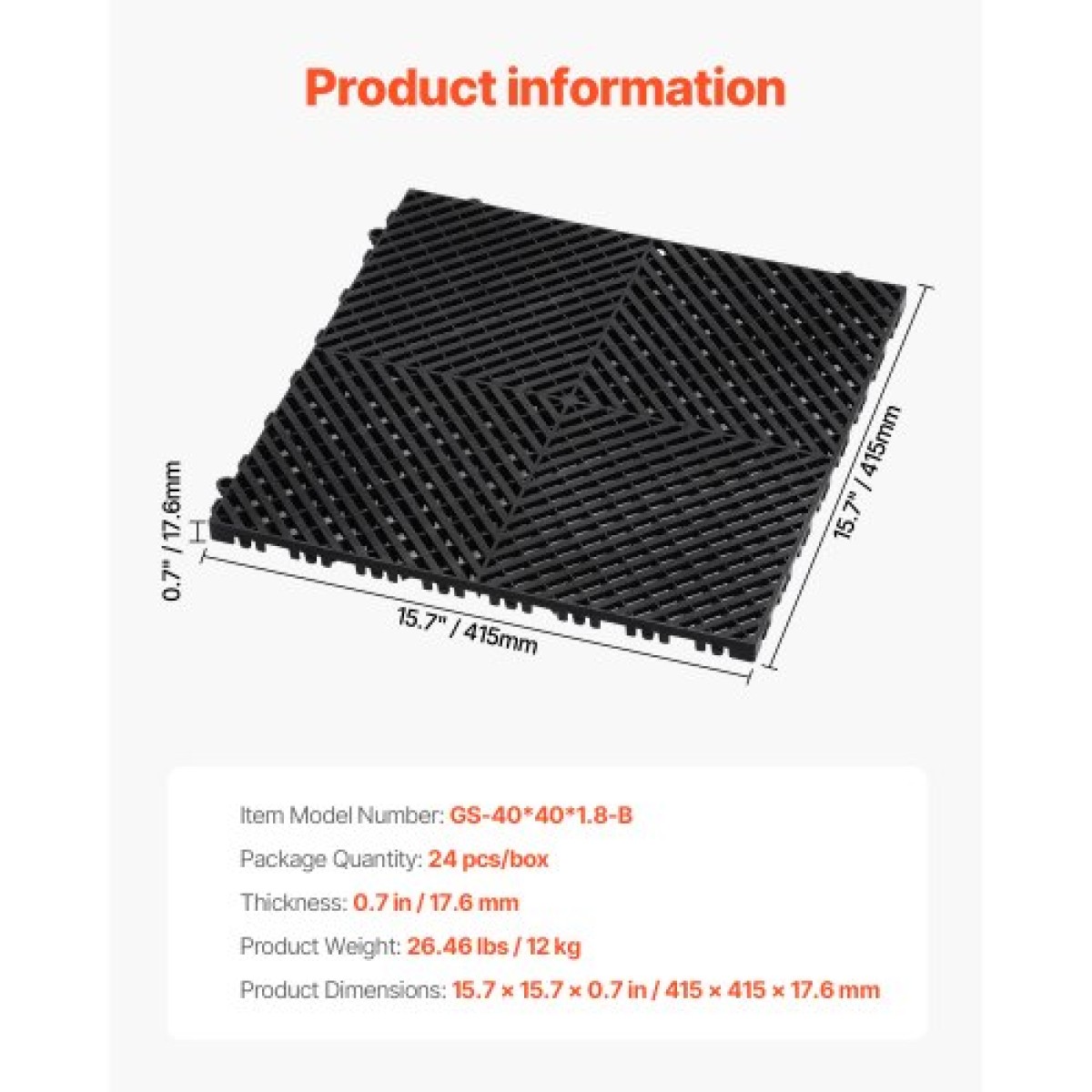 VEVOR Interlocking Drinage Mat, 15,7” x 15,7” Modular Interlocking Cushion, 24 Pcs Spicing Dranage Mats, Αντιολισθητικό Μαύρο PP Πλακάκι δαπέδου αποστράγγισης και Χαλάκι ντους, για γκαράζ, κήπο, κουζίνα και εξωτερικό χώρο