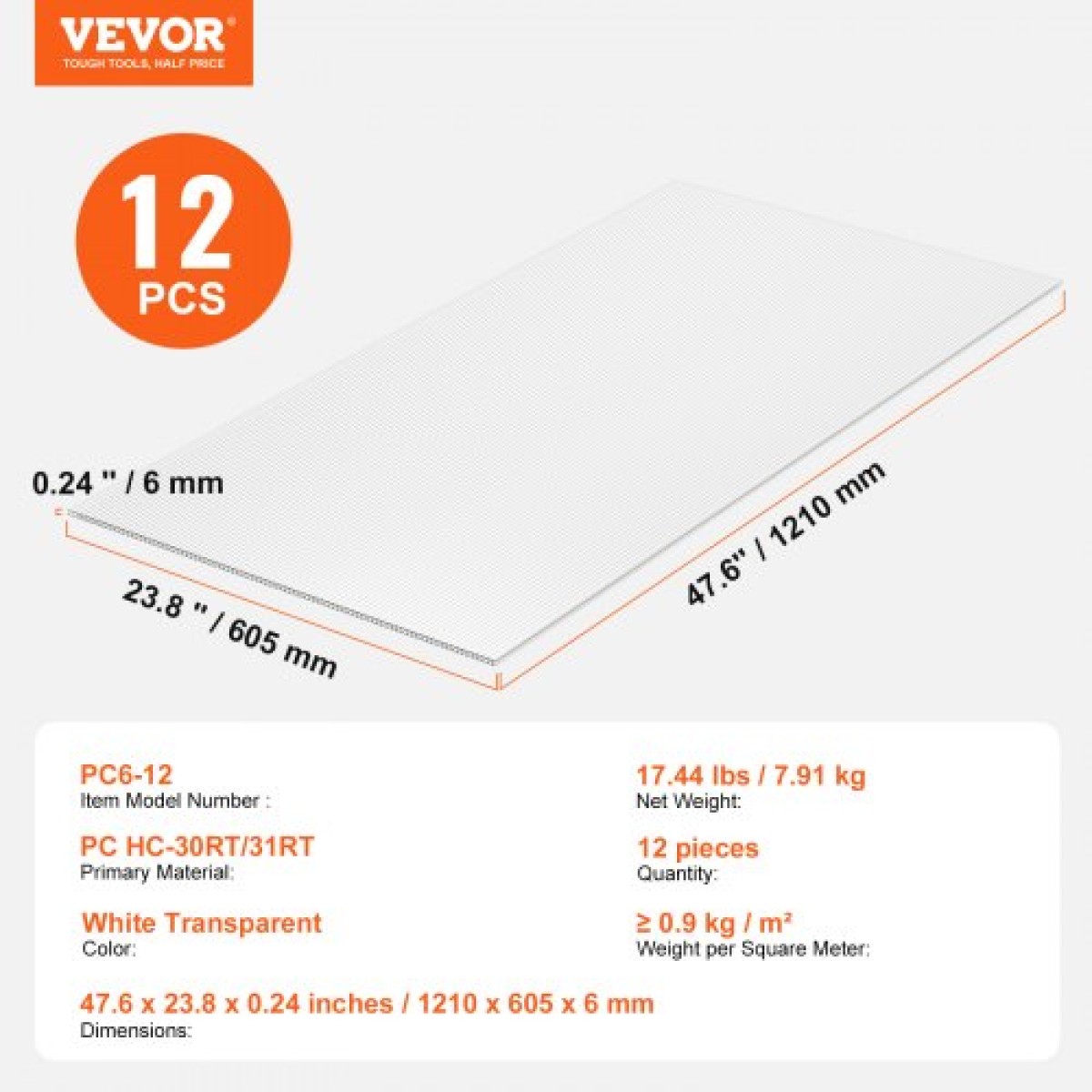 VEVOR 12 Pack Πολυκαρβονικά πάνελ θερμοκηπίου, 2' X 4' X 0,24'' Φύλλα πάνελ οροφής, αδιάβροχη προστατευμένη από υπεριώδη ακτινοβολία κυματοειδές πλαστική στέγη, διαφανή φύλλα στέγης με αντοχή στην κρούση για θερμοκήπιο/κήπο