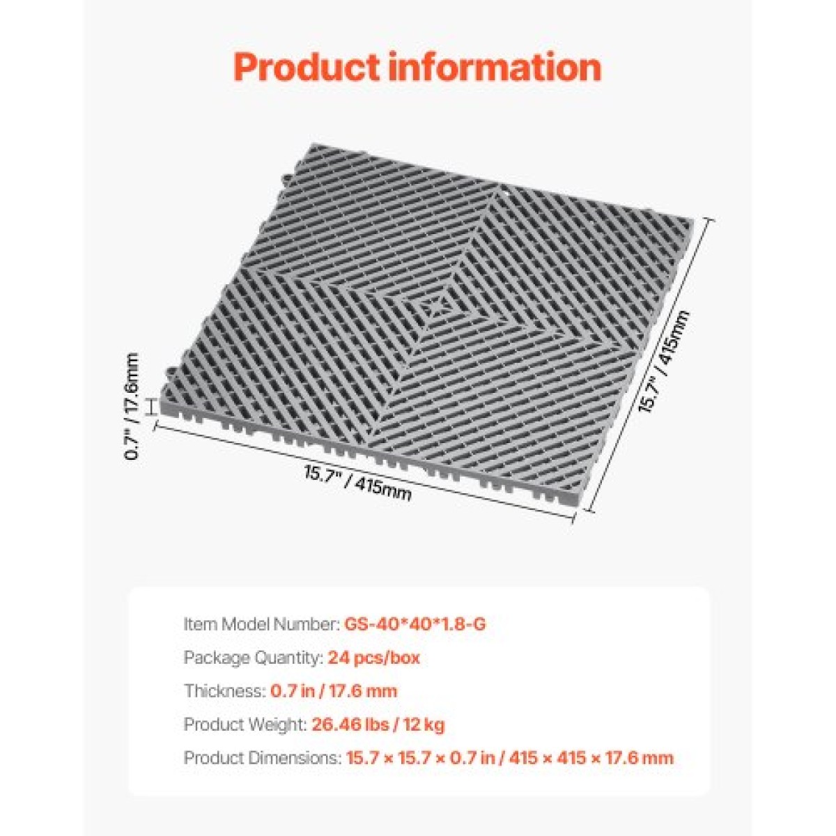 VEVOR Interlocking Drinage Mat, 15,7” x 15,7” Modular Interlocking Cushion, 24 Pcs Spicing Dranage Mats, Αντιολισθητικό Γκρι PP Πλακάκι δαπέδου αποστράγγισης και Χαλάκι ντους, για γκαράζ, κήπο, κουζίνα και εξωτερικό χώρο
