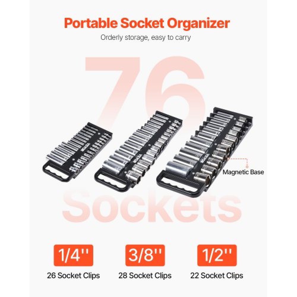 VEVOR Portable Socket Organizer Tray, 3-Piece Metric & SAE Socket Organizer Set, 1/4'', 3/8'' και 1/2'' Υποδοχή βαρέως τύπου με λαβή & μαγνητική βάση για συρτάρι εργαλειοθήκης, συγκράτηση έως και 76 υποδοχές