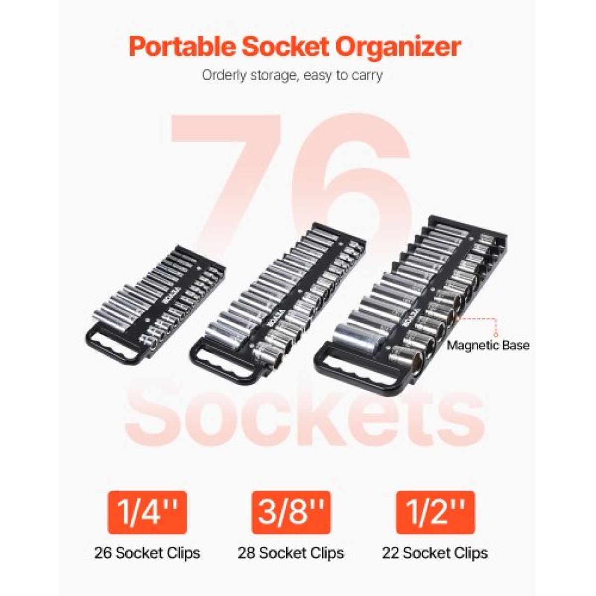 VEVOR Portable Socket Organizer Tray, 3-Piece Metric & SAE Socket Organizer Set, 1/4'', 3/8'' και 1/2'' Υποδοχή βαρέως τύπου με λαβή & μαγνητική βάση για συρτάρι εργαλειοθήκης, συγκράτηση έως και 76 υποδοχές