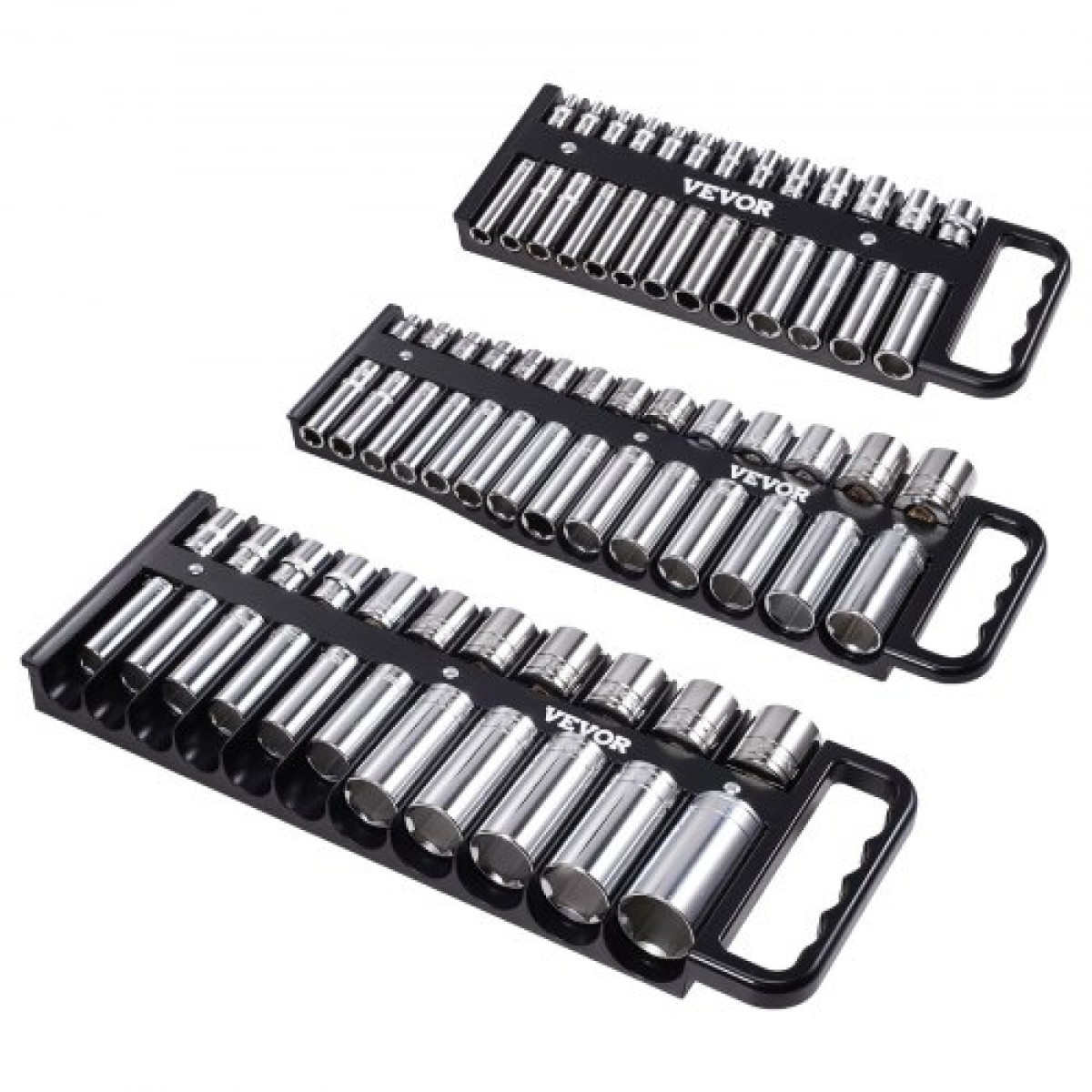VEVOR Portable Socket Organizer Tray, 3-Piece Metric & SAE Socket Organizer Set, 1/4'', 3/8'' και 1/2'' Υποδοχή βαρέως τύπου με λαβή & μαγνητική βάση για συρτάρι εργαλειοθήκης, συγκράτηση έως και 76 υποδοχές