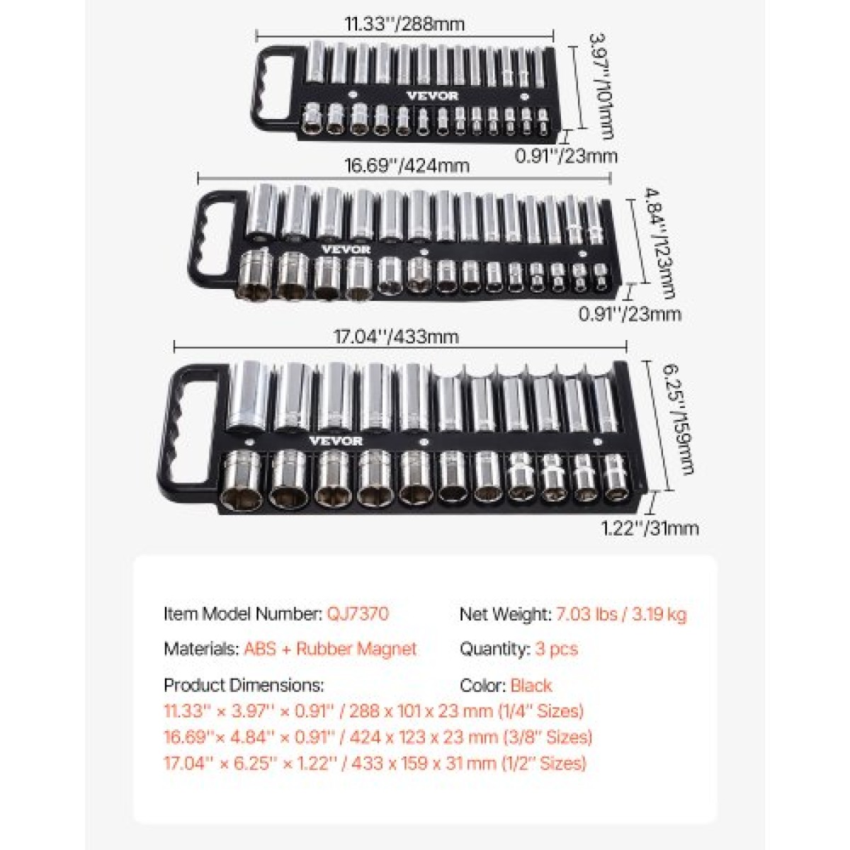 VEVOR Portable Socket Organizer Tray, 3-Piece Metric & SAE Socket Organizer Set, 1/4'', 3/8'' και 1/2'' Υποδοχή βαρέως τύπου με λαβή & μαγνητική βάση για συρτάρι εργαλειοθήκης, συγκράτηση έως και 76 υποδοχές