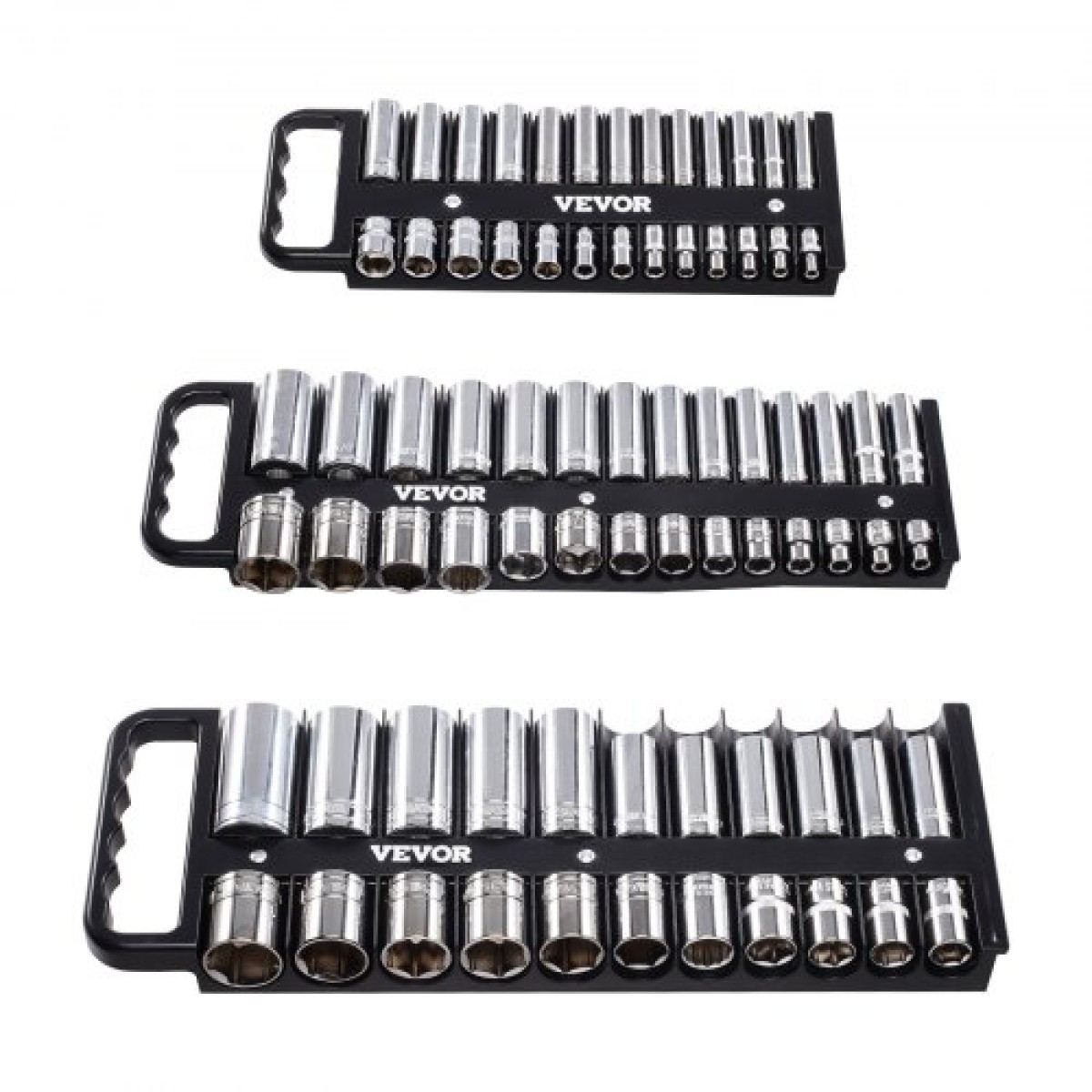 VEVOR Portable Socket Organizer Tray, 3-Piece Metric & SAE Socket Organizer Set, 1/4'', 3/8'' και 1/2'' Υποδοχή βαρέως τύπου με λαβή & μαγνητική βάση για συρτάρι εργαλειοθήκης, συγκράτηση έως και 76 υποδοχές