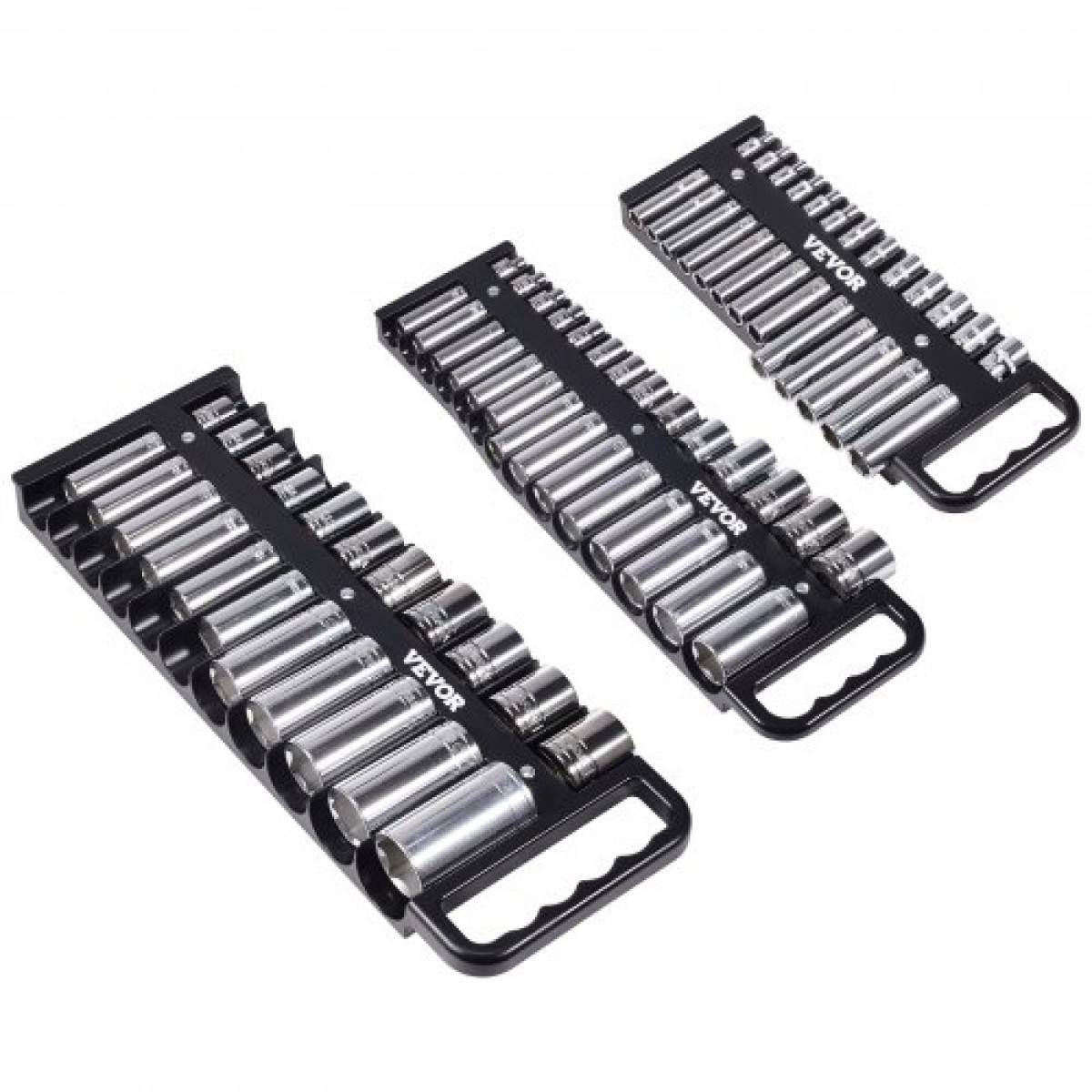 VEVOR Portable Socket Organizer Tray, 3-Piece Metric & SAE Socket Organizer Set, 1/4'', 3/8'' και 1/2'' Υποδοχή βαρέως τύπου με λαβή & μαγνητική βάση για συρτάρι εργαλειοθήκης, συγκράτηση έως και 76 υποδοχές