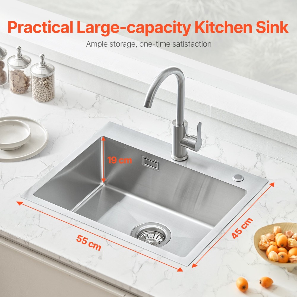 VEVOR Σταθμός εργασίας νιπτήρα κουζίνας 55cm, 304 νεροχύτες από ανοξείδωτο ατσάλι, νιπτήρας αγροικίας με μονό μπολ με αξεσουάρ, νεροχύτες οικιακού πλυντηρίου πιάτων για RV, Προετοιμασία κουζίνας, Πλυντήριο ρούχων, Μπαρ