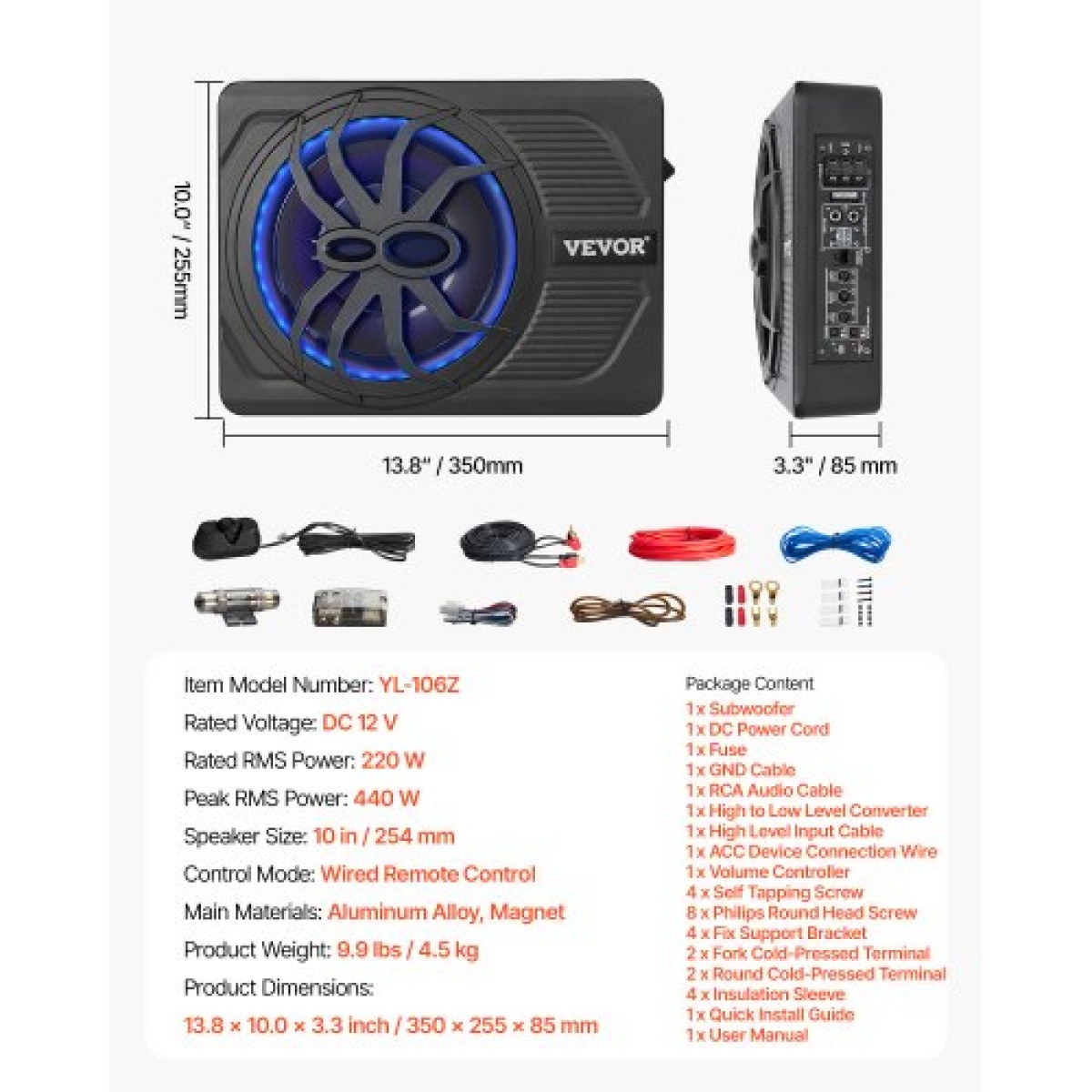 Υπογούφερ αυτοκινήτου VEVOR 10" 440W, Λεπτά υπογούφερ αυτοκινήτου με μπλε φως περιβάλλοντος, χαμηλό προφίλ ήχου κάτω από το κάθισμα με ενσωματωμένο ενισχυτή, τηλεχειριστήριο για SUV, Αυτοκίνητο, Φορτηγό, RV