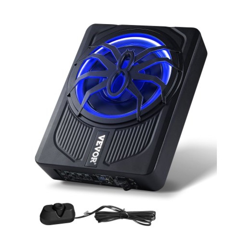 Υπογούφερ αυτοκινήτου VEVOR 10" 440W, Λεπτά υπογούφερ αυτοκινήτου με μπλε φως περιβάλλοντος, χαμηλό προφίλ ήχου κάτω από το κάθισμα με ενσωματωμένο ενισχυτή, τηλεχειριστήριο για SUV, Αυτοκίνητο, Φορτηγό, RV