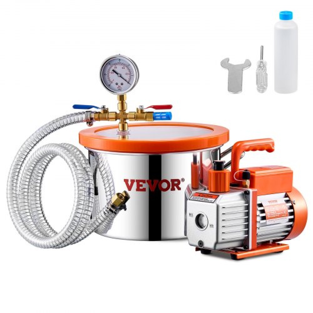 VEVOR 5,7 L (1,5 γαλόνι) Θάλαμος κενού και κιτ αντλίας 100 L/min (3,5 CFM), Θάλαμος από ανοξείδωτο χάλυβα, Κιτ θαλάμου απαέρωσης αντλίας κενού μονού σταδίου, με ακρυλικό καπάκι, λάδι, σωλήνας 1,5 m (4,92 πόδια), για Dega Singles