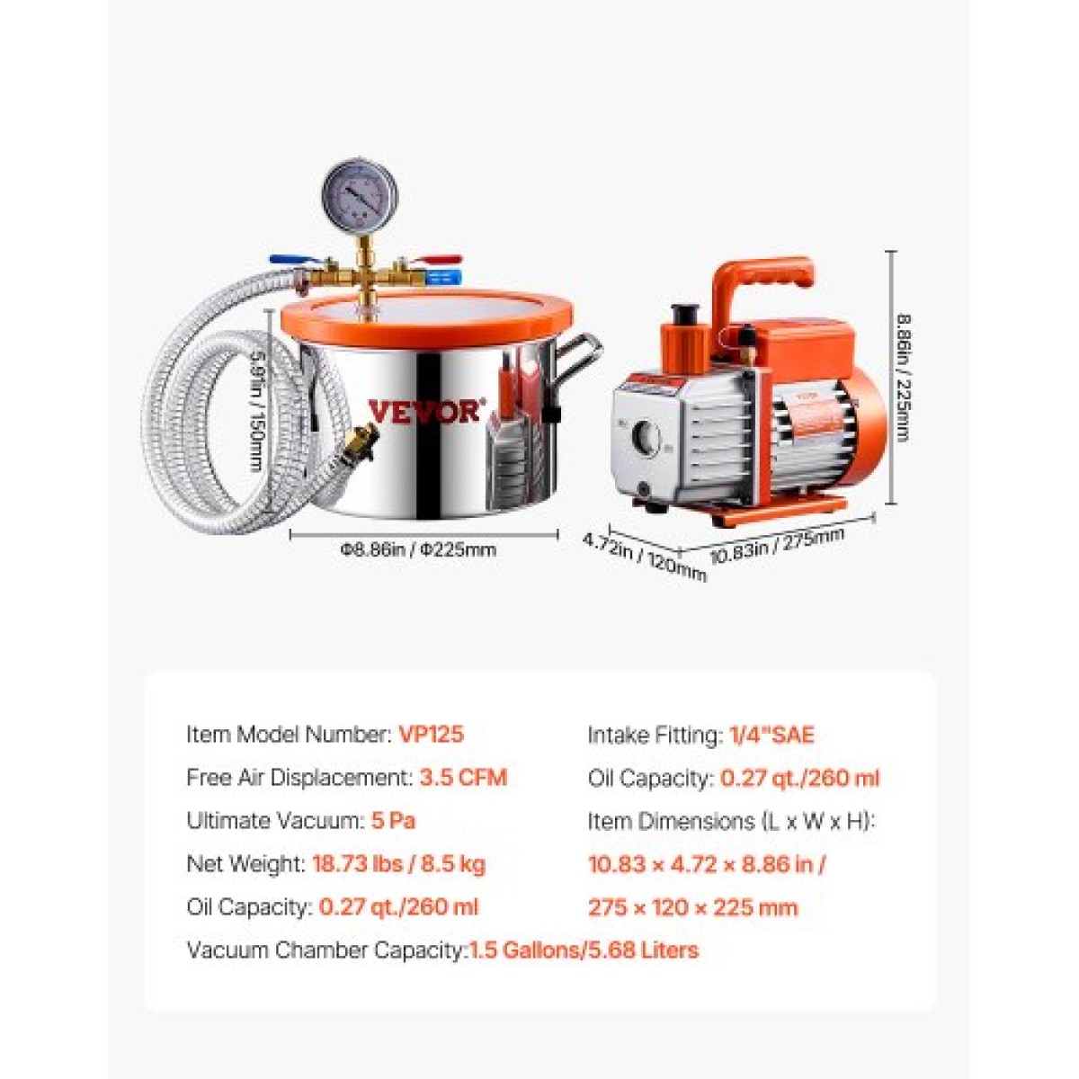 VEVOR 5,7 L (1,5 γαλόνι) Θάλαμος κενού και κιτ αντλίας 100 L/min (3,5 CFM), Θάλαμος από ανοξείδωτο χάλυβα, Κιτ θαλάμου απαέρωσης αντλίας κενού μονού σταδίου, με ακρυλικό καπάκι, λάδι, σωλήνας 1,5 m (4,92 πόδια), για Dega Singles