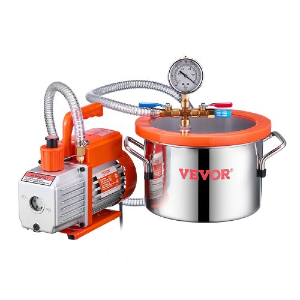 VEVOR 5,7 L (1,5 γαλόνι) Θάλαμος κενού και κιτ αντλίας 100 L/min (3,5 CFM), Θάλαμος από ανοξείδωτο χάλυβα, Κιτ θαλάμου απαέρωσης αντλίας κενού μονού σταδίου, με ακρυλικό καπάκι, λάδι, σωλήνας 1,5 m (4,92 πόδια), για Dega Singles