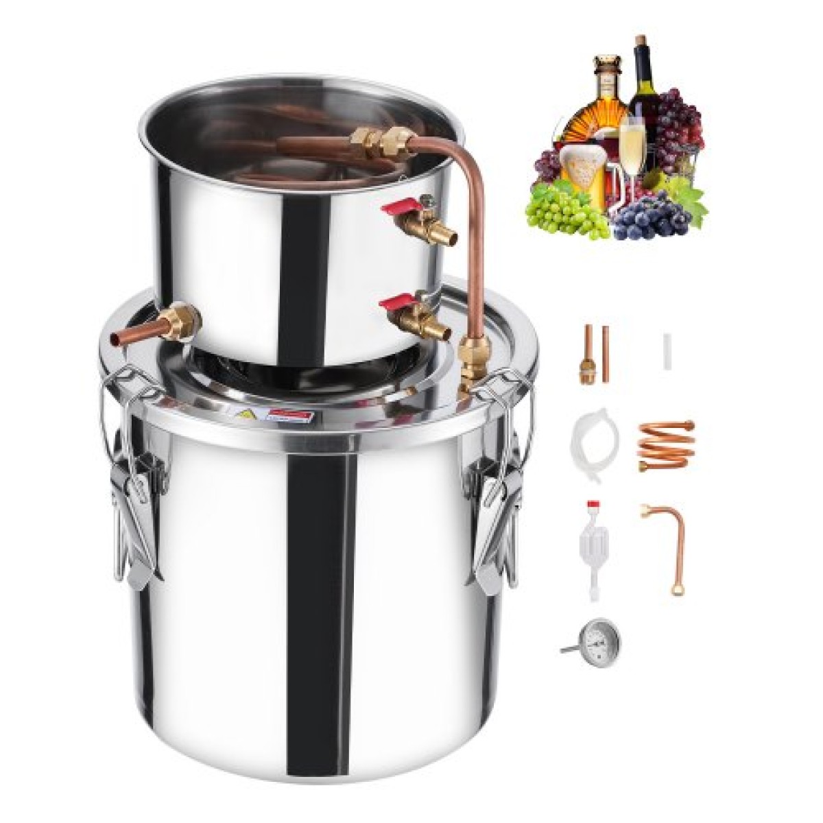 VEVOR Alcohol Still, 3 Gal / 11,4 L Stainless Steel Water Alcohol Distiller with Copper Coil, Home Brewing Refining Fermentation Kit with thermometer, for Wine Whisky Brandy, Silver