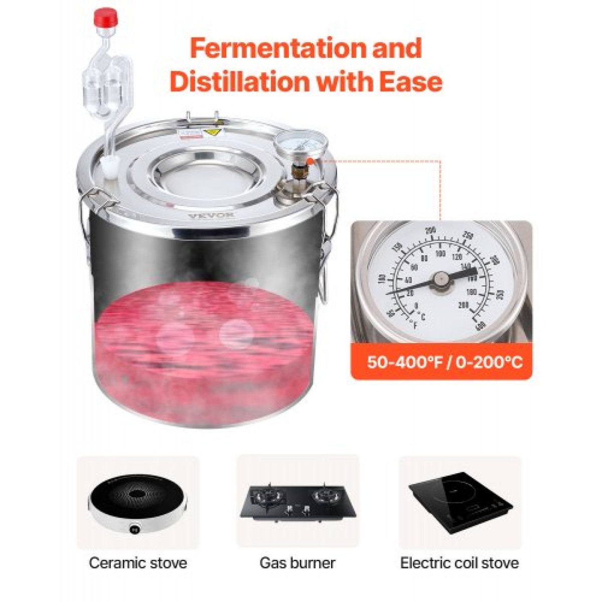 VEVOR Alcohol Still, 3 Gal / 11,4 L Stainless Steel Water Alcohol Distiller with Copper Coil, Home Brewing Refining Fermentation Kit with thermometer, for Wine Whisky Brandy, Silver