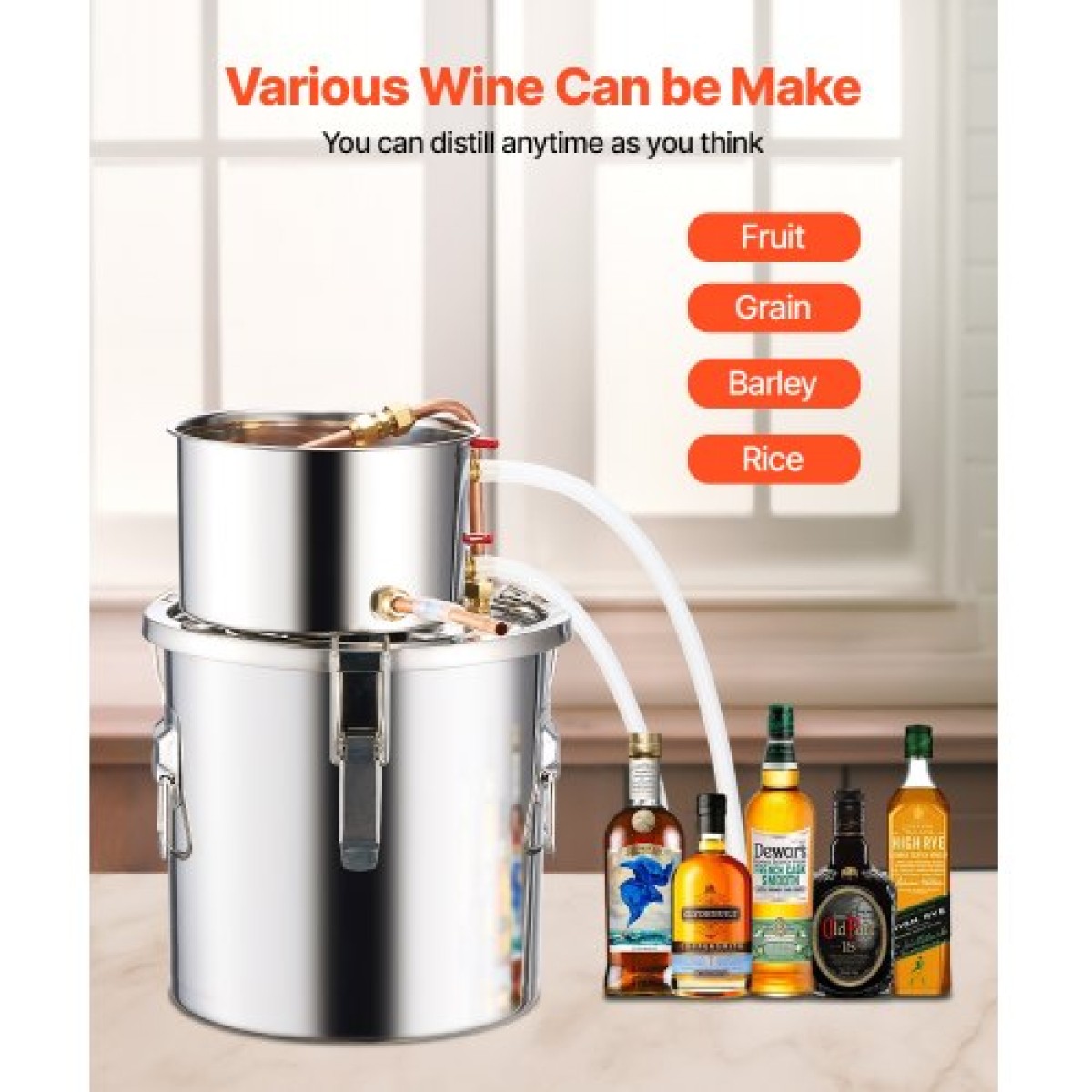 VEVOR Alcohol Still, 3 Gal / 11,4 L Stainless Steel Water Alcohol Distiller with Copper Coil, Home Brewing Refining Fermentation Kit with thermometer, for Wine Whisky Brandy, Silver