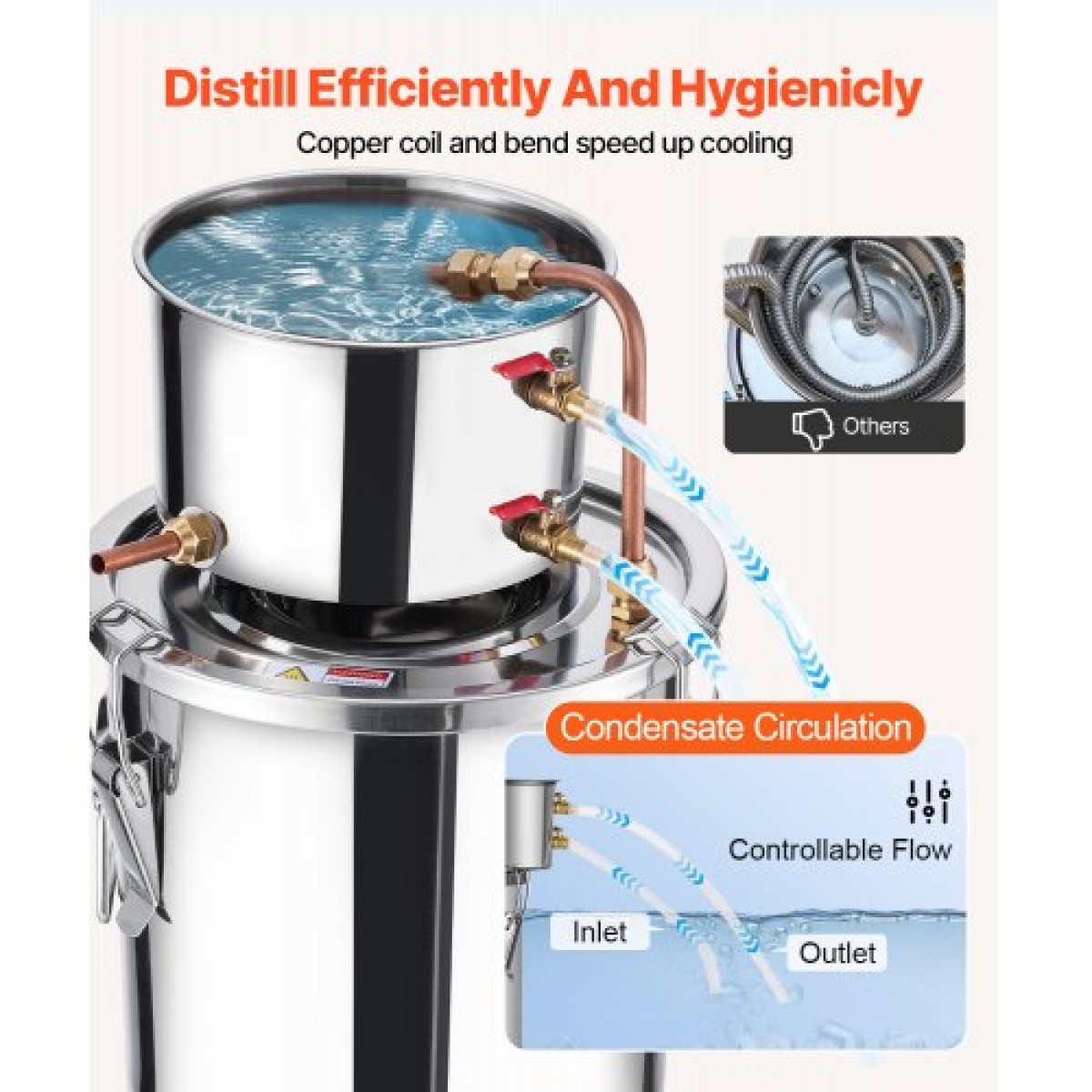VEVOR Alcohol Still, 3 Gal / 11,4 L Stainless Steel Water Alcohol Distiller with Copper Coil, Home Brewing Refining Fermentation Kit with thermometer, for Wine Whisky Brandy, Silver