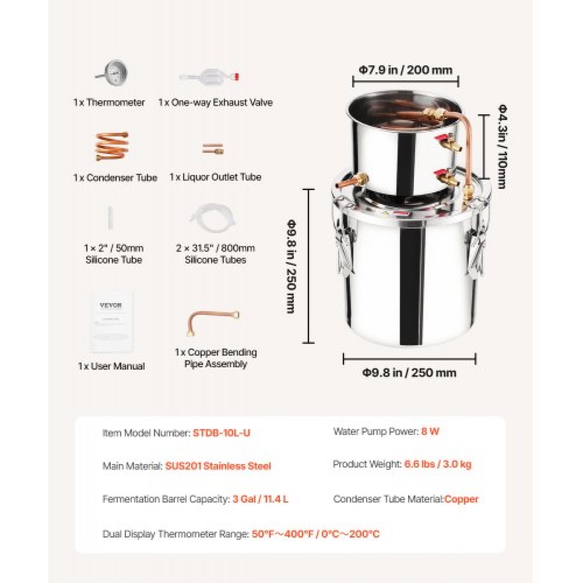 VEVOR Alcohol Still, 3 Gal / 11,4 L Stainless Steel Water Alcohol Distiller with Copper Coil, Home Brewing Refining Fermentation Kit with thermometer, for Wine Whisky Brandy, Silver