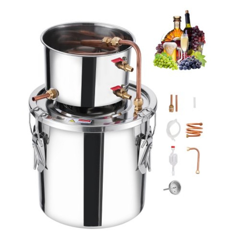 VEVOR Alcohol Still, 3 Gal / 11,4 L Stainless Steel Water Alcohol Distiller with Copper Coil, Home Brewing Refining Fermentation Kit with thermometer, for Wine Whisky Brandy, Silver
