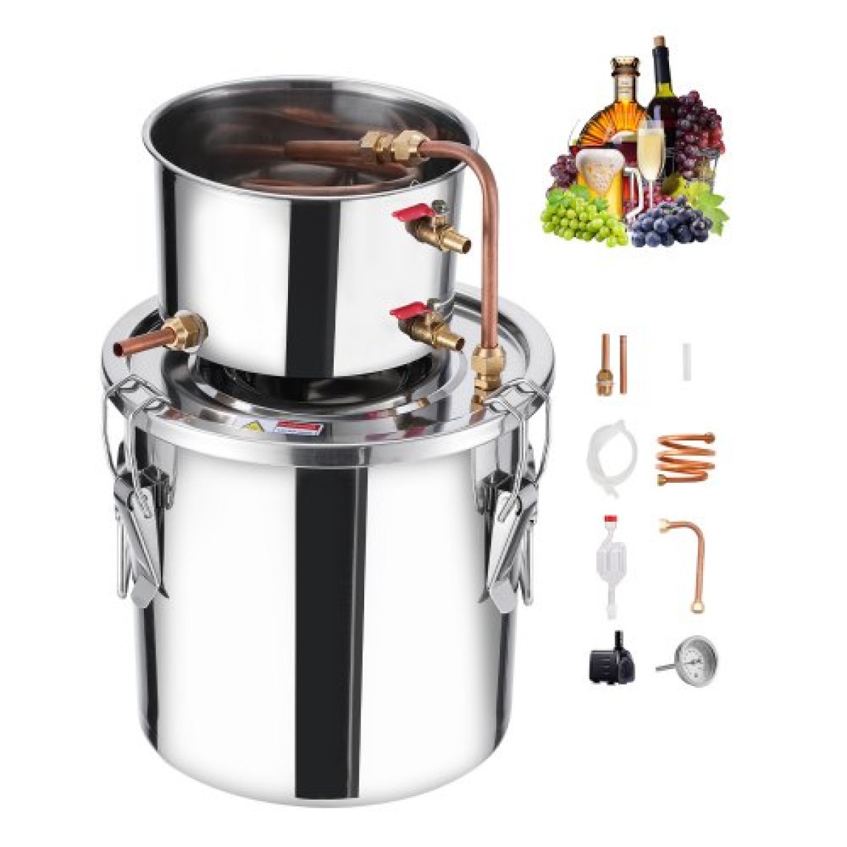 VEVOR Alcohol Still, 3 Gal / 11,4 L από ανοξείδωτο ατσάλι Νερού Οινοπνευματοποιός Αποστακτήρα με Χάλκινο Πηνίο, Home Brewing Refining Kit ζύμωσης με θερμόμετρο & αντλία, για μπράντυ ουίσκι κρασιού, ασημί