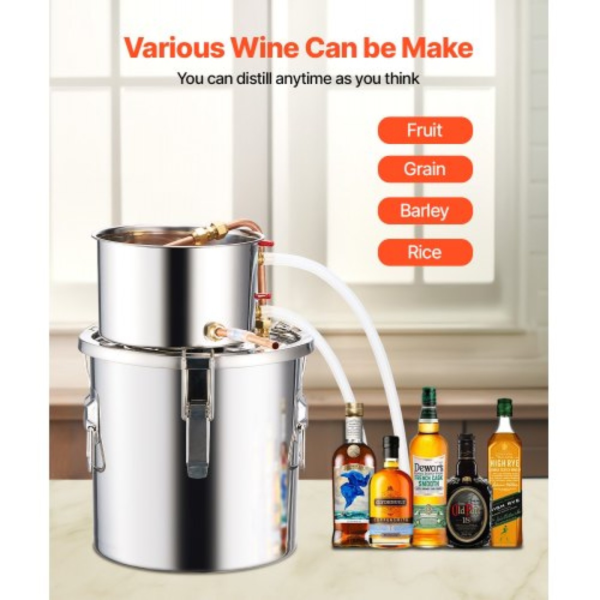 VEVOR Alcohol Still, 3 Gal / 11,4 L από ανοξείδωτο ατσάλι Νερού Οινοπνευματοποιός Αποστακτήρα με Χάλκινο Πηνίο, Home Brewing Refining Kit ζύμωσης με θερμόμετρο & αντλία, για μπράντυ ουίσκι κρασιού, ασημί