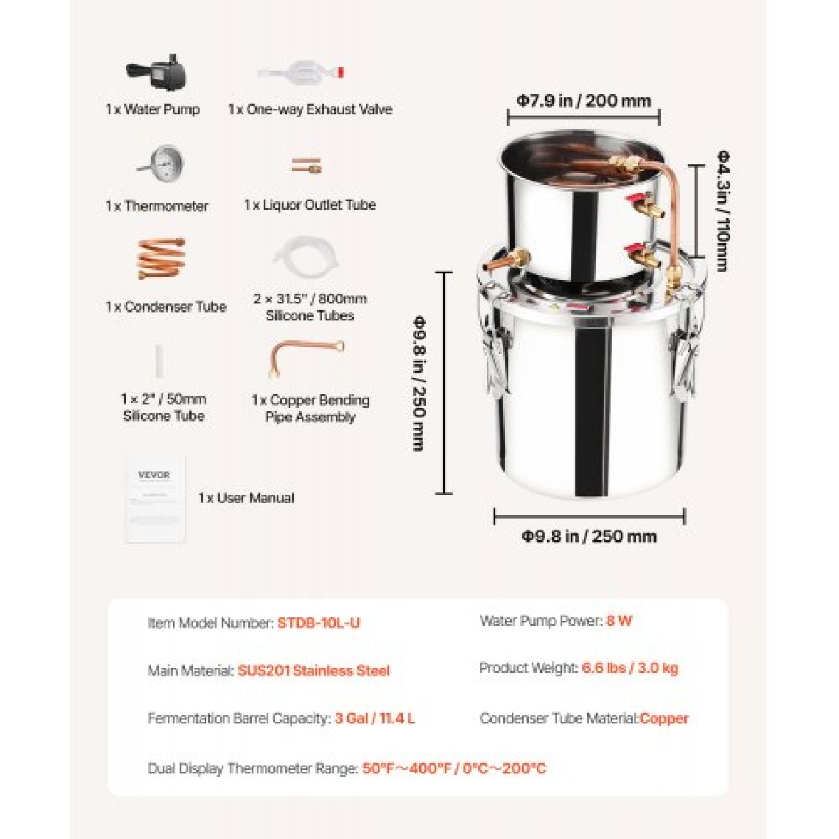 VEVOR Alcohol Still, 3 Gal / 11,4 L από ανοξείδωτο ατσάλι Νερού Οινοπνευματοποιός Αποστακτήρα με Χάλκινο Πηνίο, Home Brewing Refining Kit ζύμωσης με θερμόμετρο & αντλία, για μπράντυ ουίσκι κρασιού, ασημί