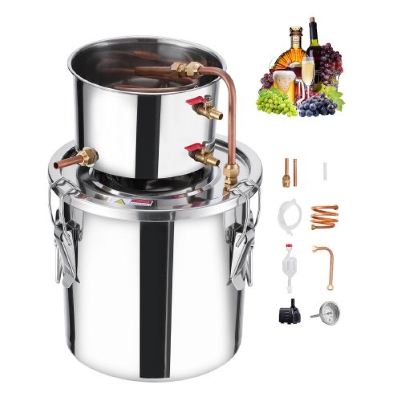 VEVOR Alcohol Still, 3 Gal / 11,4 L από ανοξείδωτο ατσάλι Νερού Οινοπνευματοποιός Αποστακτήρα με Χάλκινο Πηνίο, Home Brewing Refining Kit ζύμωσης με θερμόμετρο & αντλία, για μπράντυ ουίσκι κρασιού, ασημί